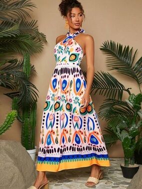 Miss Kelly 1999 Y2K Halter Maxi Dress L Colorful Printed Boho Festival NWT